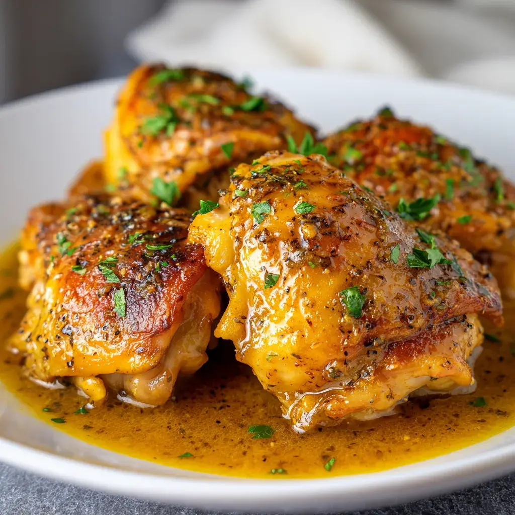 Slow cooker honey mustard chicken thighs in a glossy golden sauce with parsley