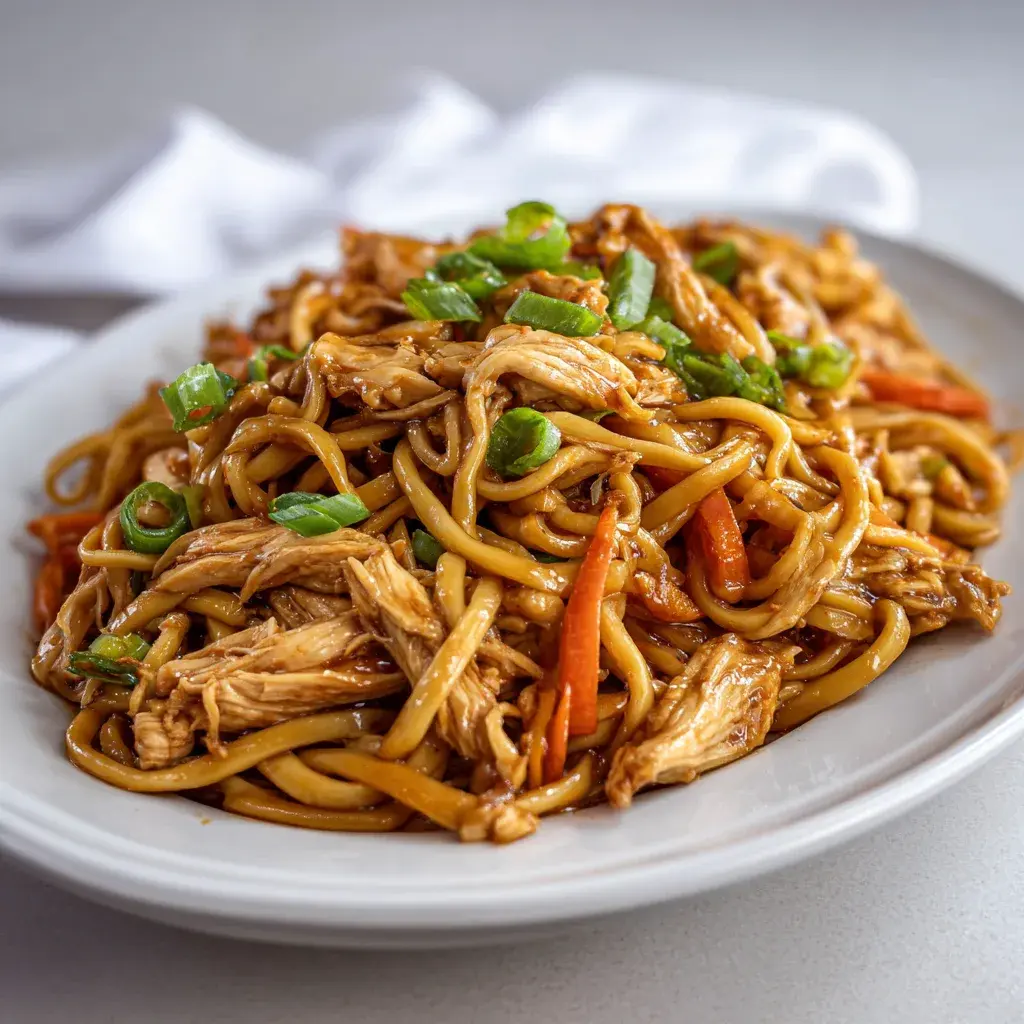 Lo mein noodles with shredded chicken, carrot strips and sliced green onion in a glossy brown sauce