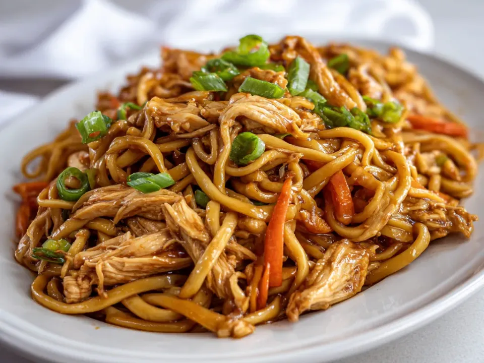 Lo mein noodles with shredded chicken, carrot strips and sliced green onion in a glossy brown sauce
