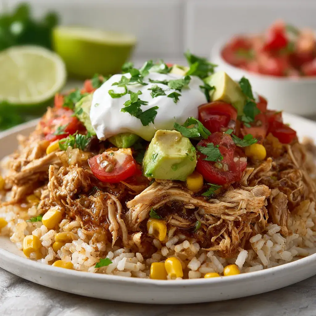 Chicken burrito bowl over rice with corn, tomato, avocado, sour cream and cilantro
