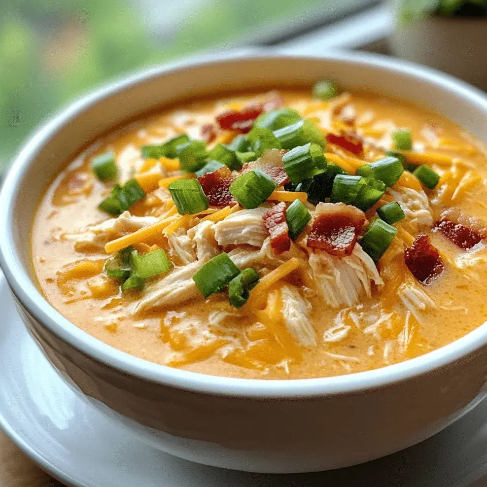 A white bowl of orange creamy soup with shredded chicken, shredded cheddar, bacon pieces and sliced green onion