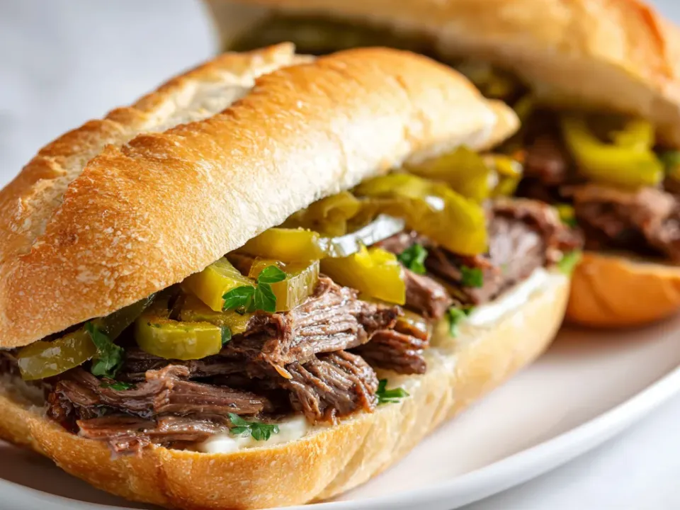 A crusty sub roll split and filled with shredded beef and sliced green pepperoncini, cut so the filling shows, with a second sandwich behind it.