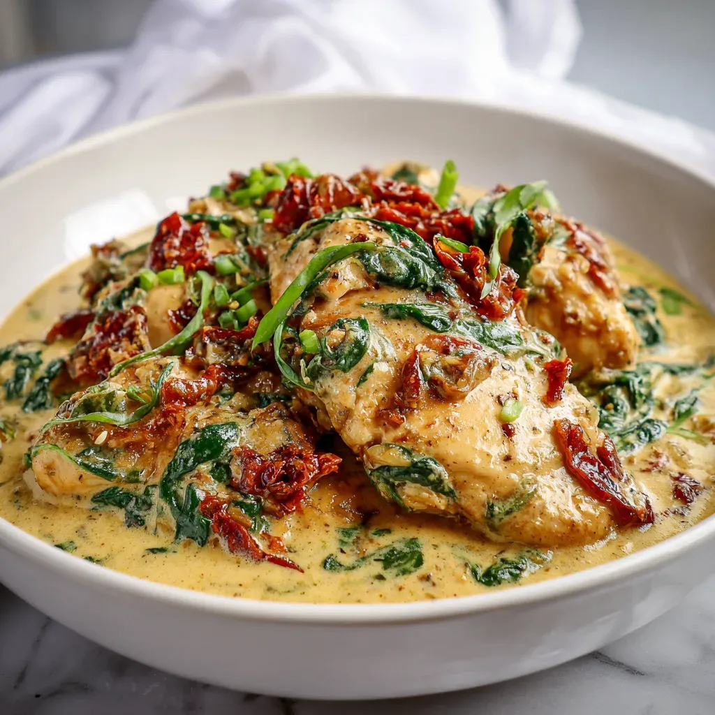 Slow Cooker Tuscan Chicken with a delicious sun-dried tomato and spinach cream sauce
