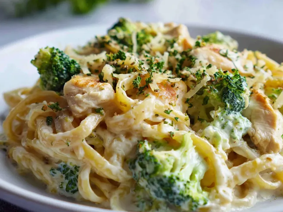 A plate of fettuccine in a pale cream sauce with broccoli florets and sliced chicken, scattered with chopped parsley and grated cheese.