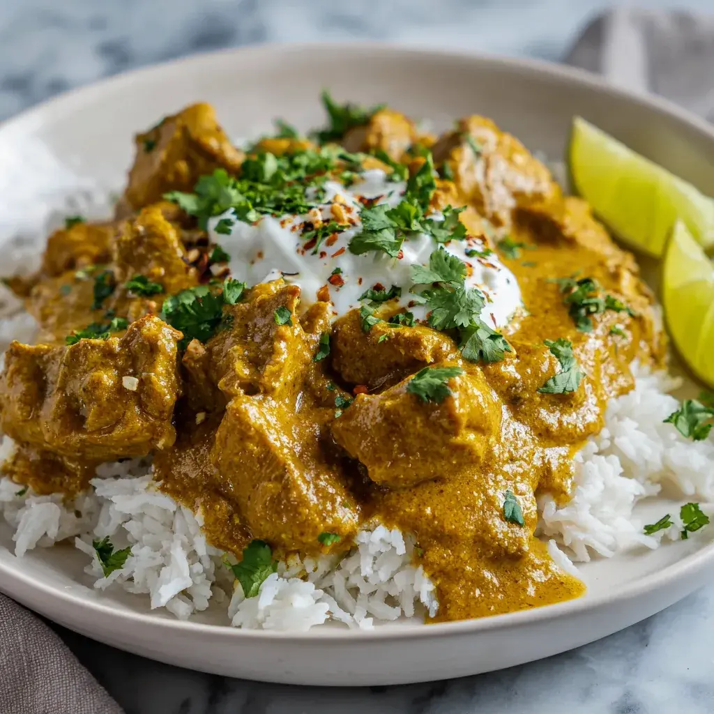 A shallow bowl of white rice topped with pieces of chicken in a golden sauce, with a spoonful of yogurt, chopped coriander and two lime wedges at the side.