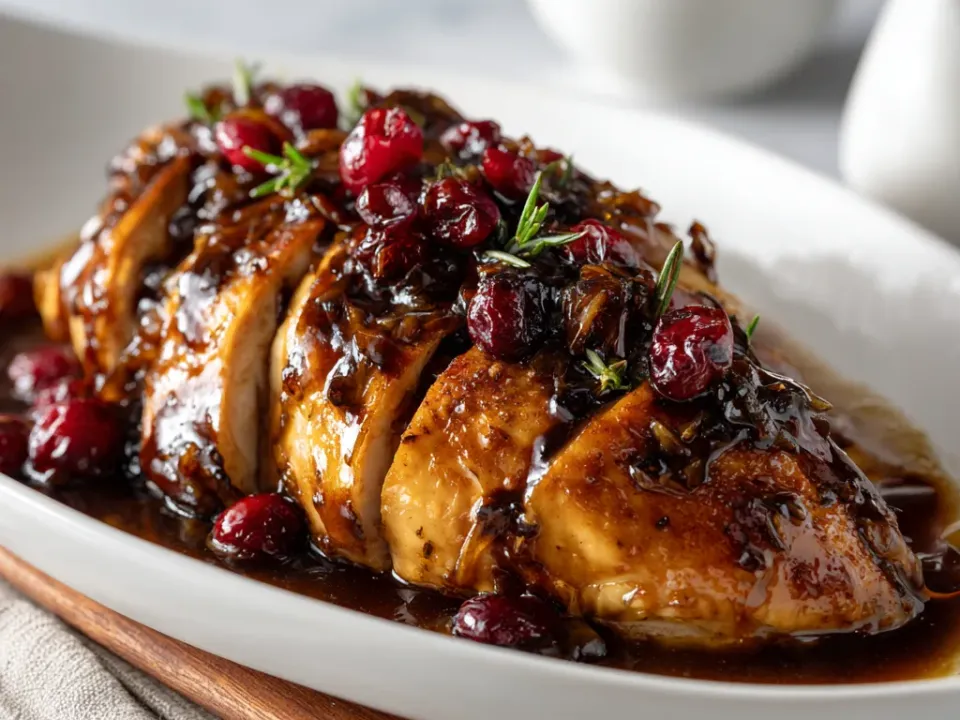 Sliced glazed chicken breast topped with whole cranberries and fresh herbs in a dark glossy sauce