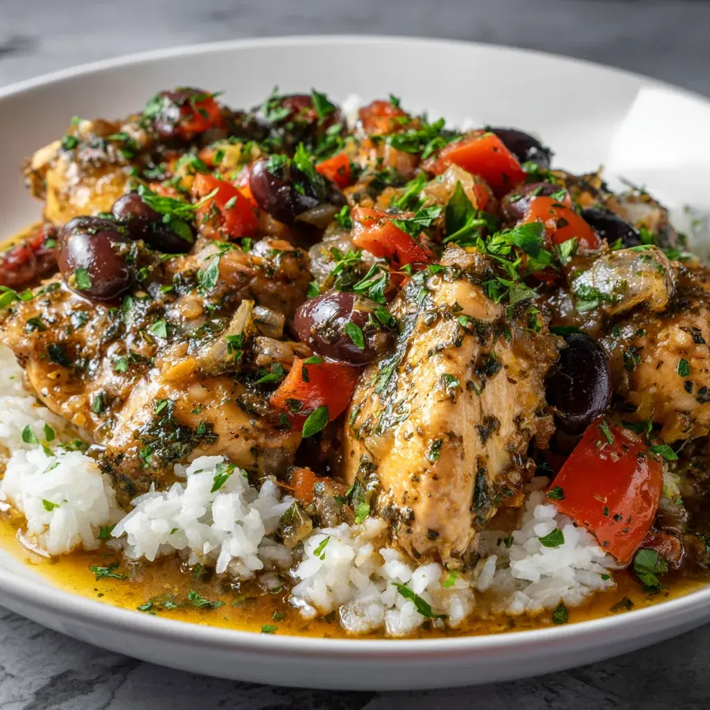 Chicken pieces in a golden olive jus with whole kalamata olives and red bell pepper chunks over white rice in a white bowl, scattered with parsley
