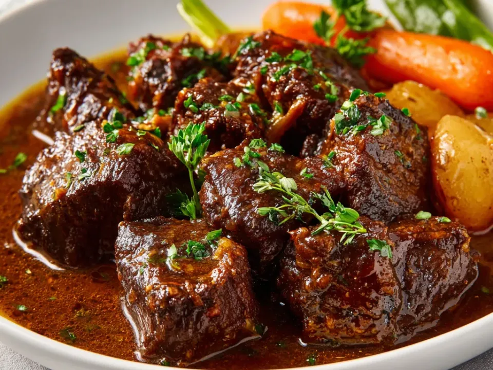 A shallow white bowl of large chunks of braised beef in dark glossy gravy, scattered with chopped parsley, with carrot and a whole potato at the edge of the bowl.