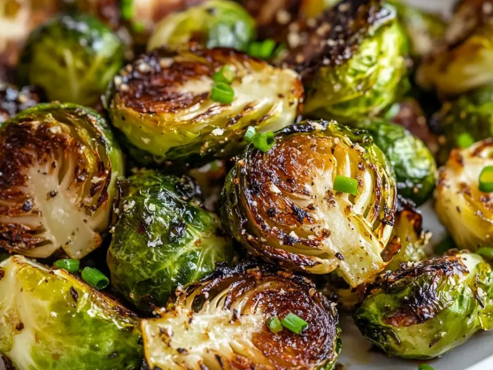Halved Brussels sprouts roasted until deeply browned on the cut faces, sprinkled with pepper and sliced chives