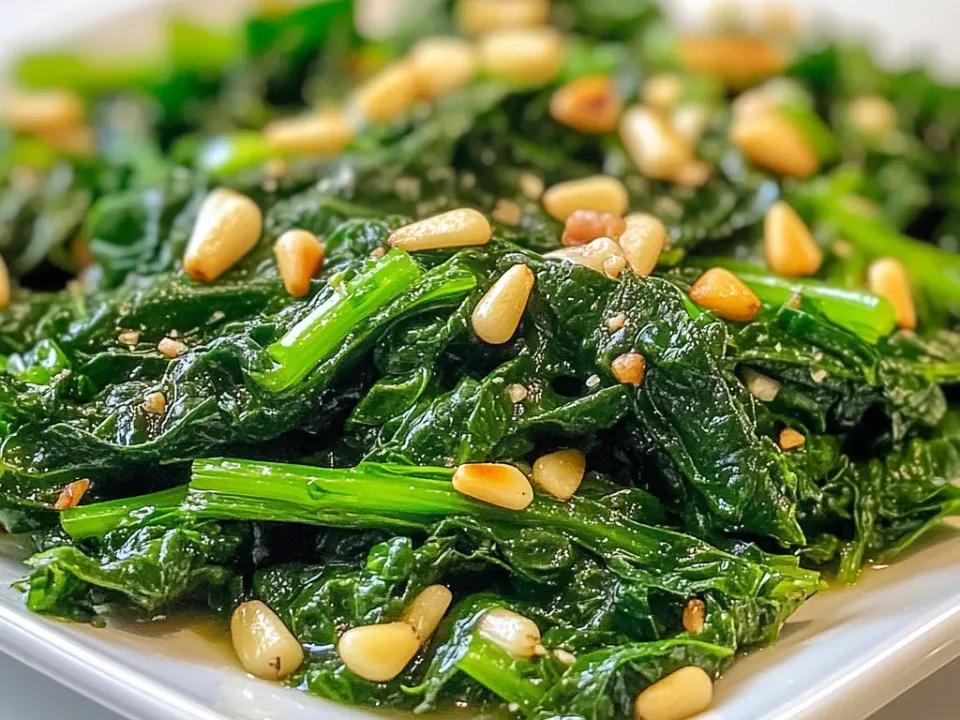 Glossy sautéed dark leafy greens with tender stems, scattered with toasted pine nuts and sliced garlic