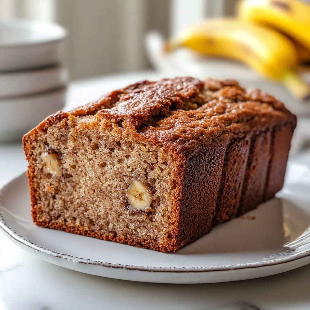Loaf of banana bread with slices cut from one end, showing a moist crumb, on a white plate with bananas in the background