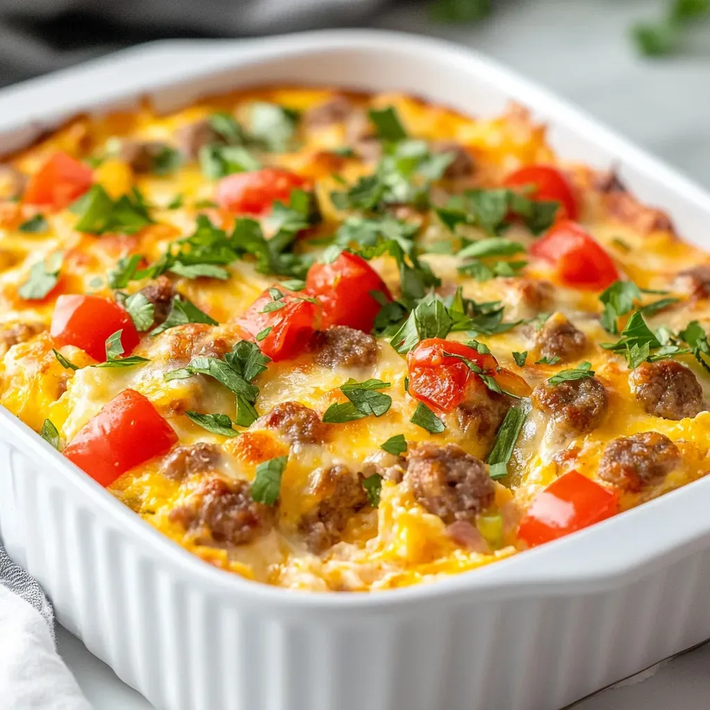 Baked sausage and egg breakfast casserole topped with melted cheddar, diced red bell pepper and chopped parsley in a white baking dish