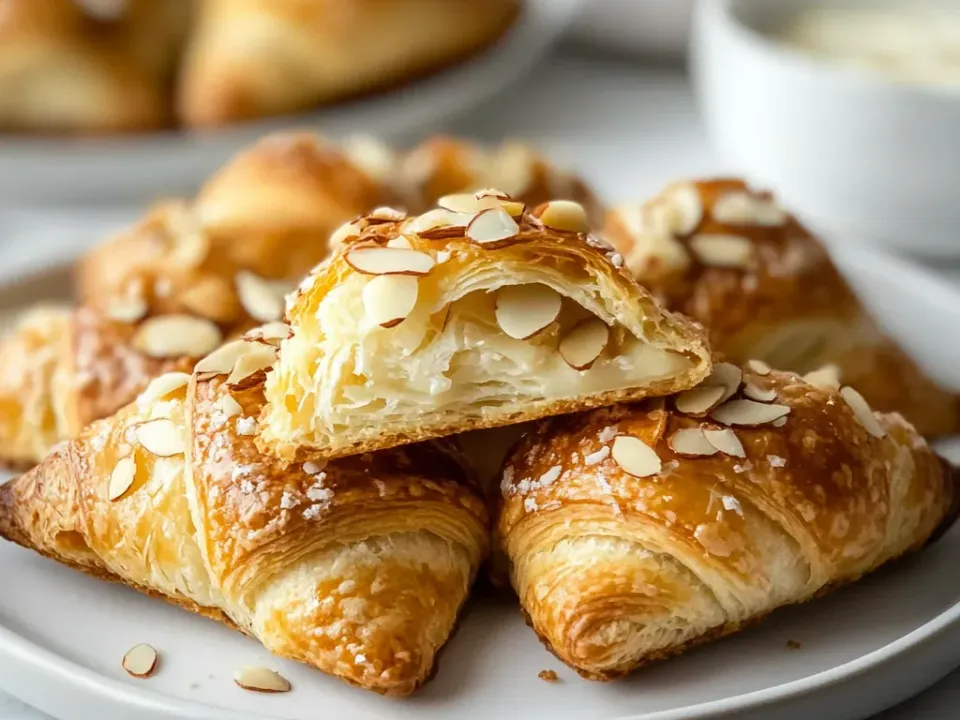 Golden folded pastry bites topped with sliced almonds and powdered sugar, one broken open to show a pale soft interior