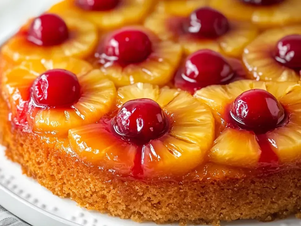 A round upside-down cake crowned with caramelised pineapple rings and a maraschino cherry in each ring, over a golden crumb