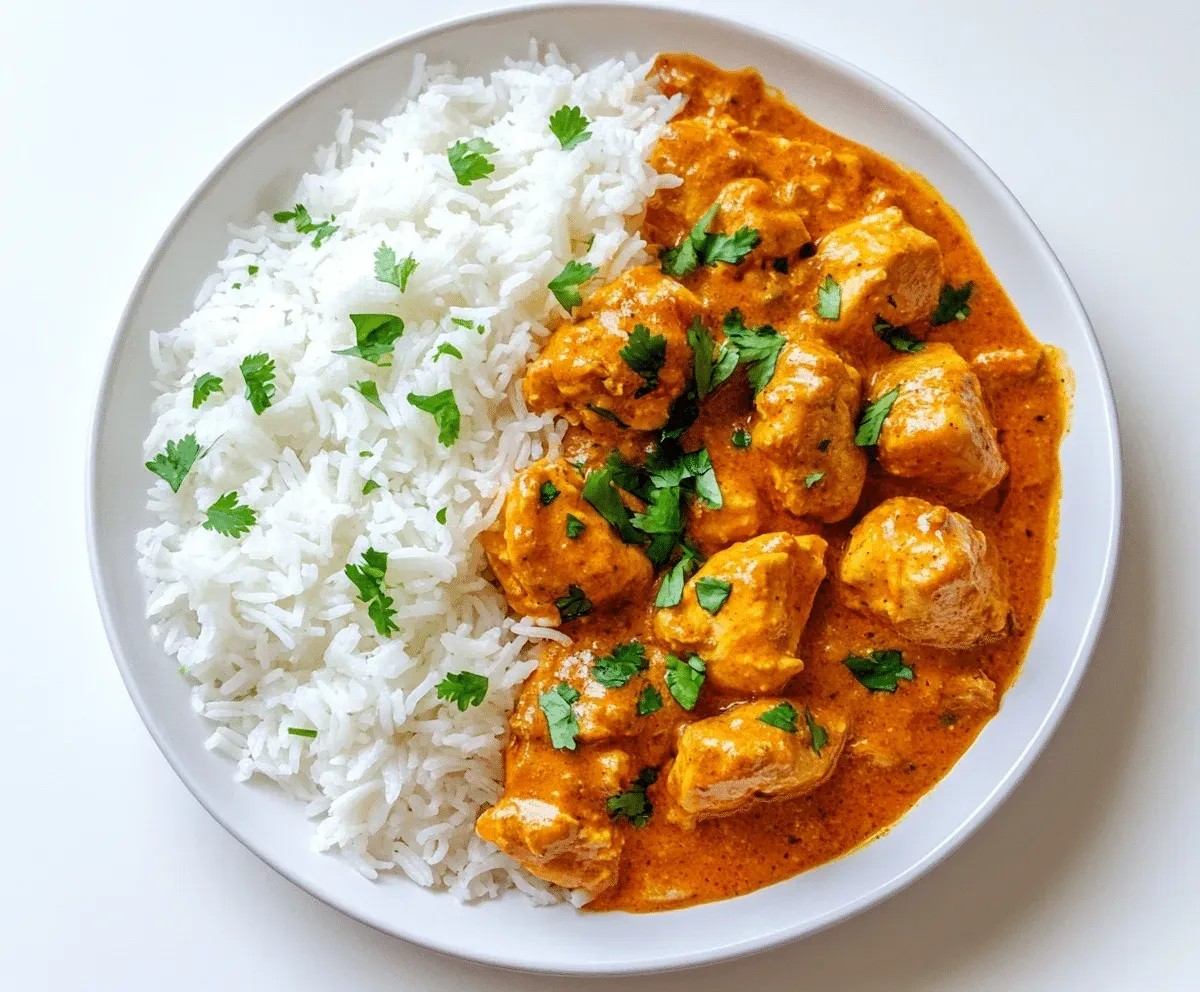 Overhead view of a white plate with white rice on one side and butter chicken in an orange cream sauce on the other, scattered with chopped cilantro
