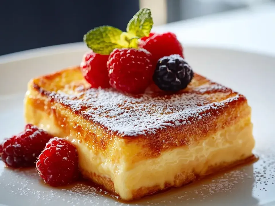 A thick slab of custard-soaked French toast with a caramelised sugar top, dusted with sugar and topped with fresh berries and mint