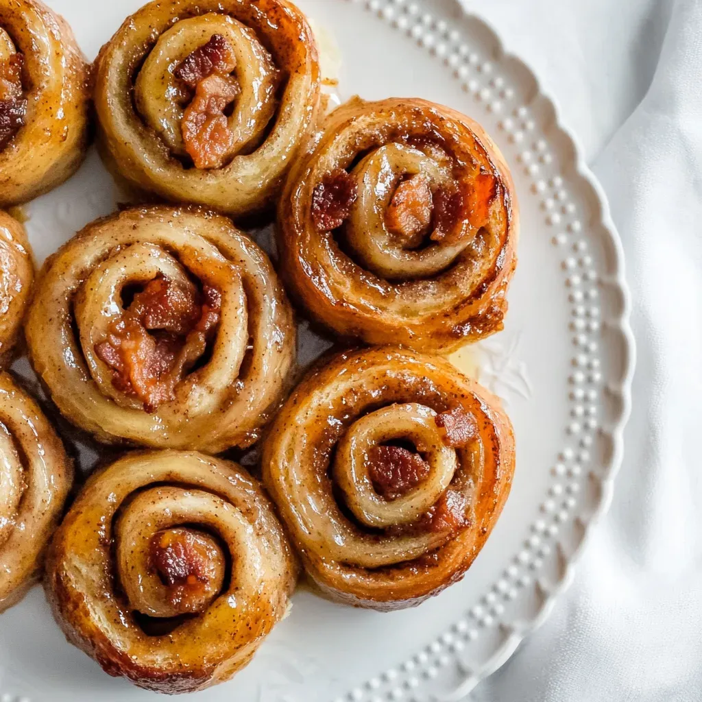 Overhead view of cinnamon rolls with swirls of brown sugar filling and chopped bacon on a white plate