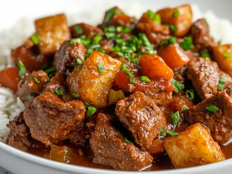 A bowl of dark red-brown braised beef cubes with potato and carrot in a thick gravy, beside white rice with cilantro