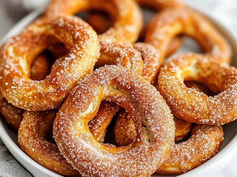Twisted pretzels with a deep golden-brown crust heavily coated in cinnamon sugar, piled in a bowl