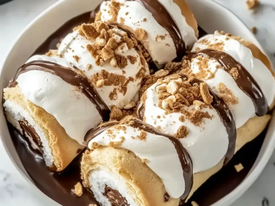 Rolled pastries cut into rounds showing a white marshmallow and chocolate spiral, drizzled with chocolate and scattered with graham crumbs, in a bowl with pooled chocolate