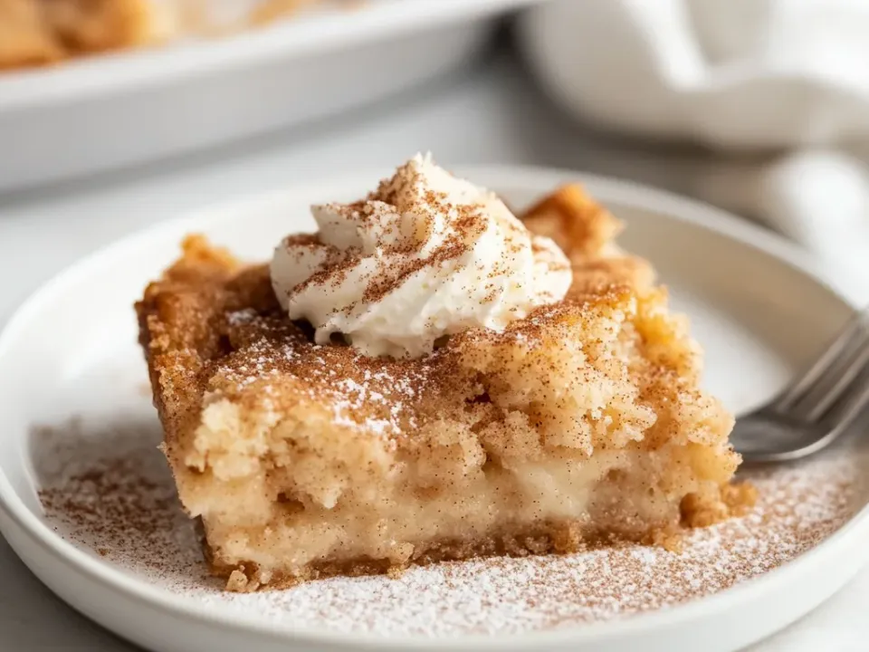 A square of cobbler with a cinnamon-sugar crust over a soft pale cake layer, dusted with cinnamon and topped with whipped cream