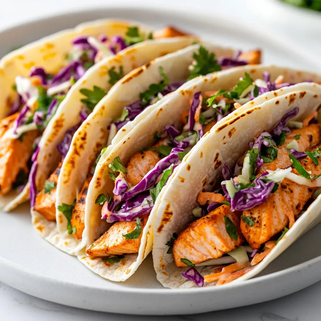 Row of flour tortilla tacos filled with seared salmon pieces, purple and green cabbage slaw and cilantro on a white plate