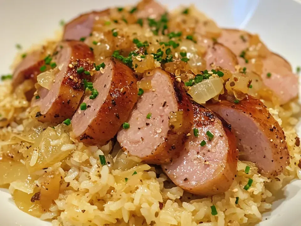 Diagonal slices of browned smoked sausage over seasoned rice with soft onions and pale sauerkraut strands, sprinkled with chives