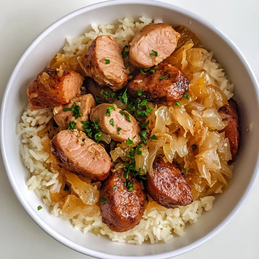 Overhead view of browned kielbasa slices and sauerkraut over white rice, sprinkled with chopped chives, in a white bowl