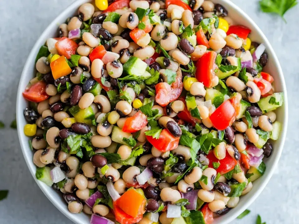 A bowl of black-eyed peas and black beans with diced red and yellow pepper, corn, red onion, tomato and cilantro in a light dressing