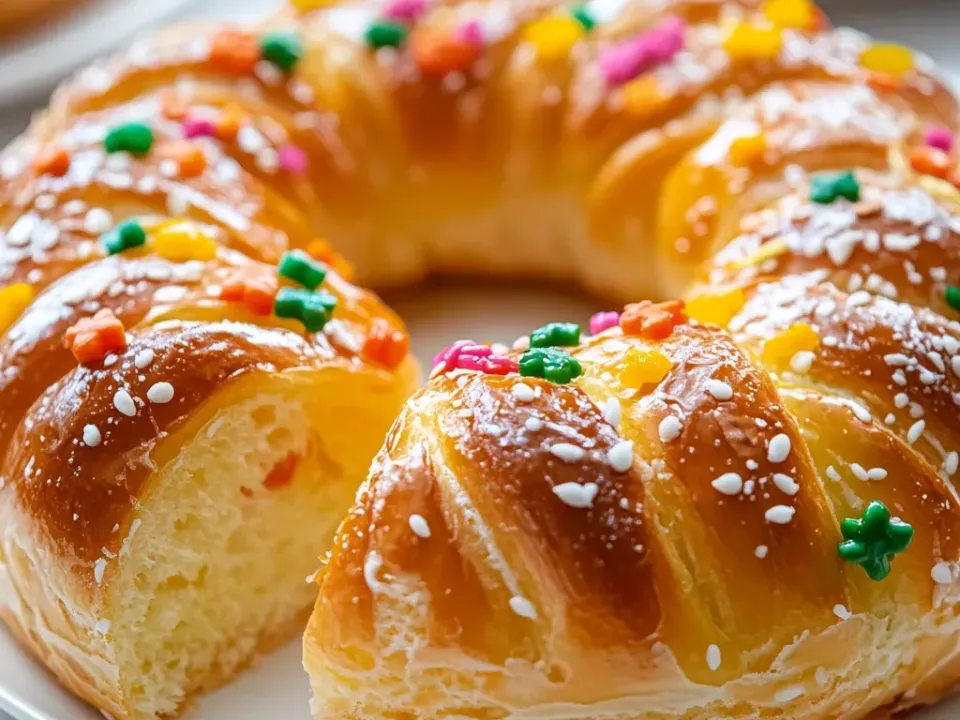 A glossy braided ring of enriched sweet bread decorated with coloured sprinkles and candied pieces, one section cut to show a soft crumb