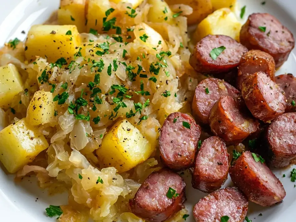 Browned smoked sausage coins with pale braised sauerkraut and cubed yellow potatoes, sprinkled with parsley