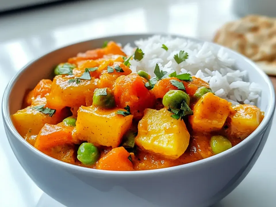 Chunky orange vegetable curry with sweet potato, carrot and green peas in a thick sauce beside a mound of white rice