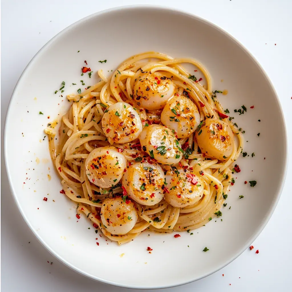 Overhead view of spaghetti topped with seared scallops, red pepper flakes and chopped parsley in a white bowl