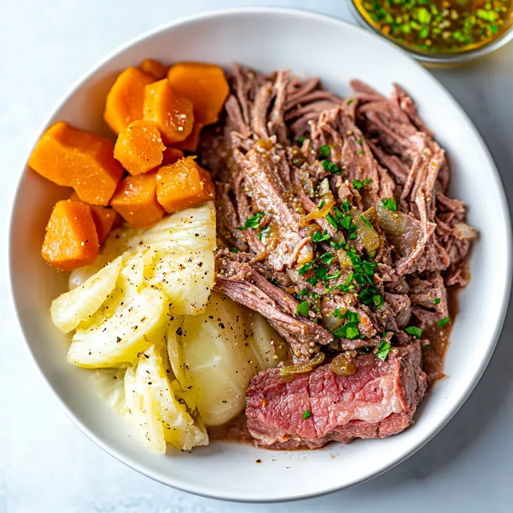Overhead view of a bowl of sliced corned beef with chunks of carrot, a cooked cabbage wedge and potato, sprinkled with parsley