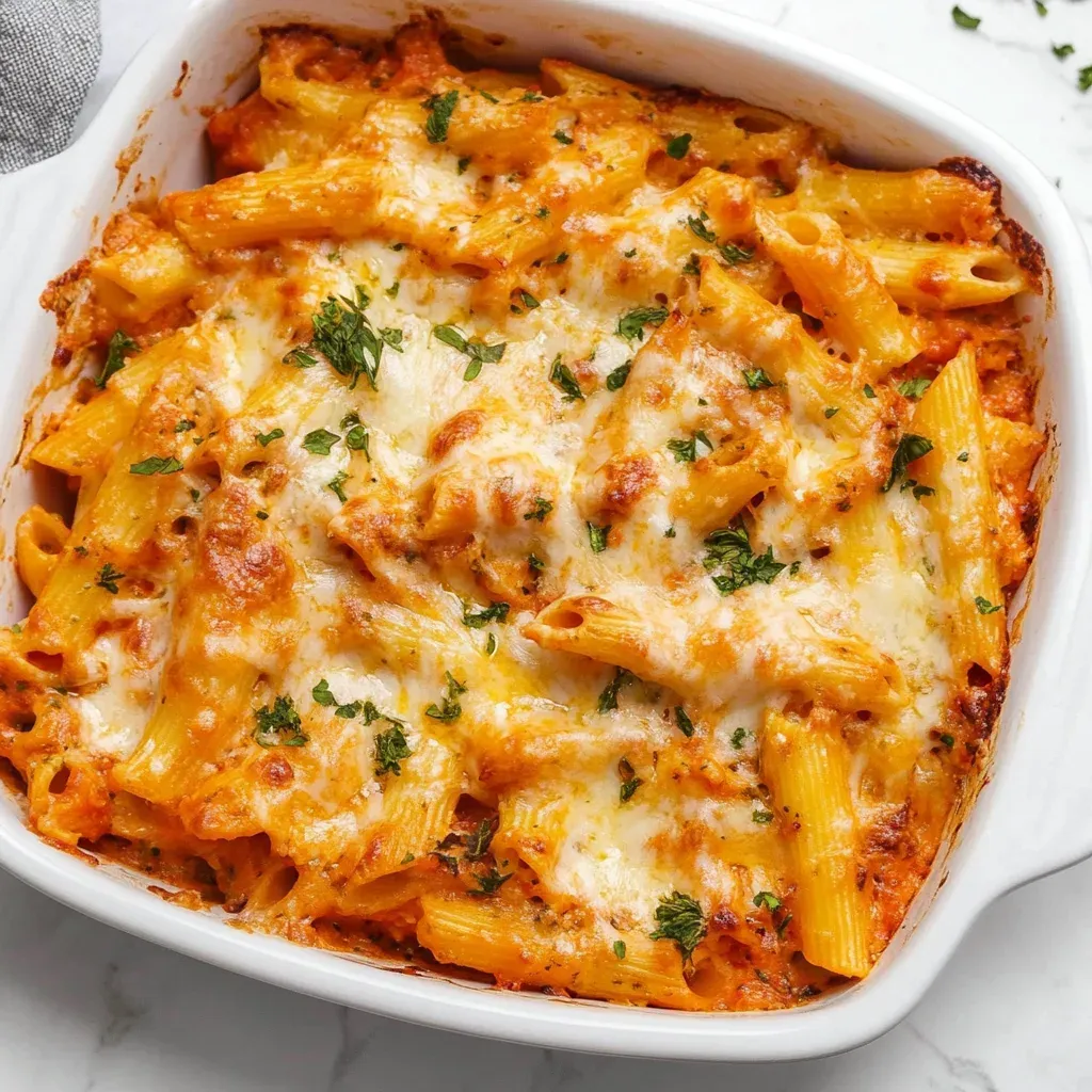 Baked penne in a creamy tomato sauce under melted mozzarella and chopped parsley in a white baking dish