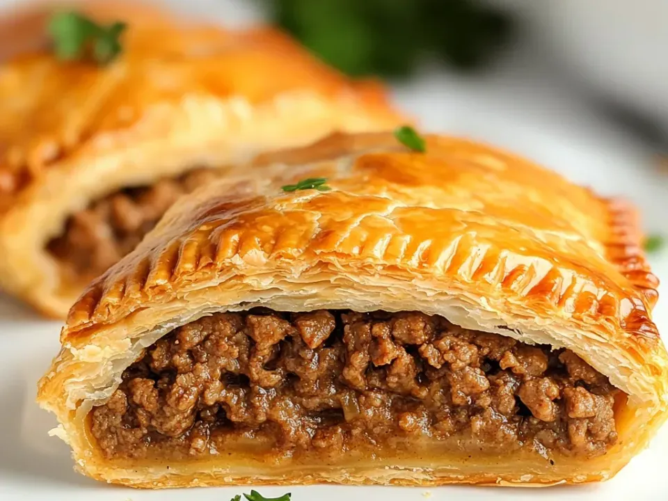 Golden rectangular flaky pastry hand pies with fork-crimped edges, one cut to show a seasoned ground meat filling