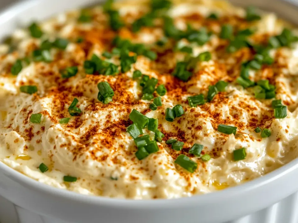 A ramekin of thick pale dip flecked with egg, dusted with paprika and scattered with chopped chives