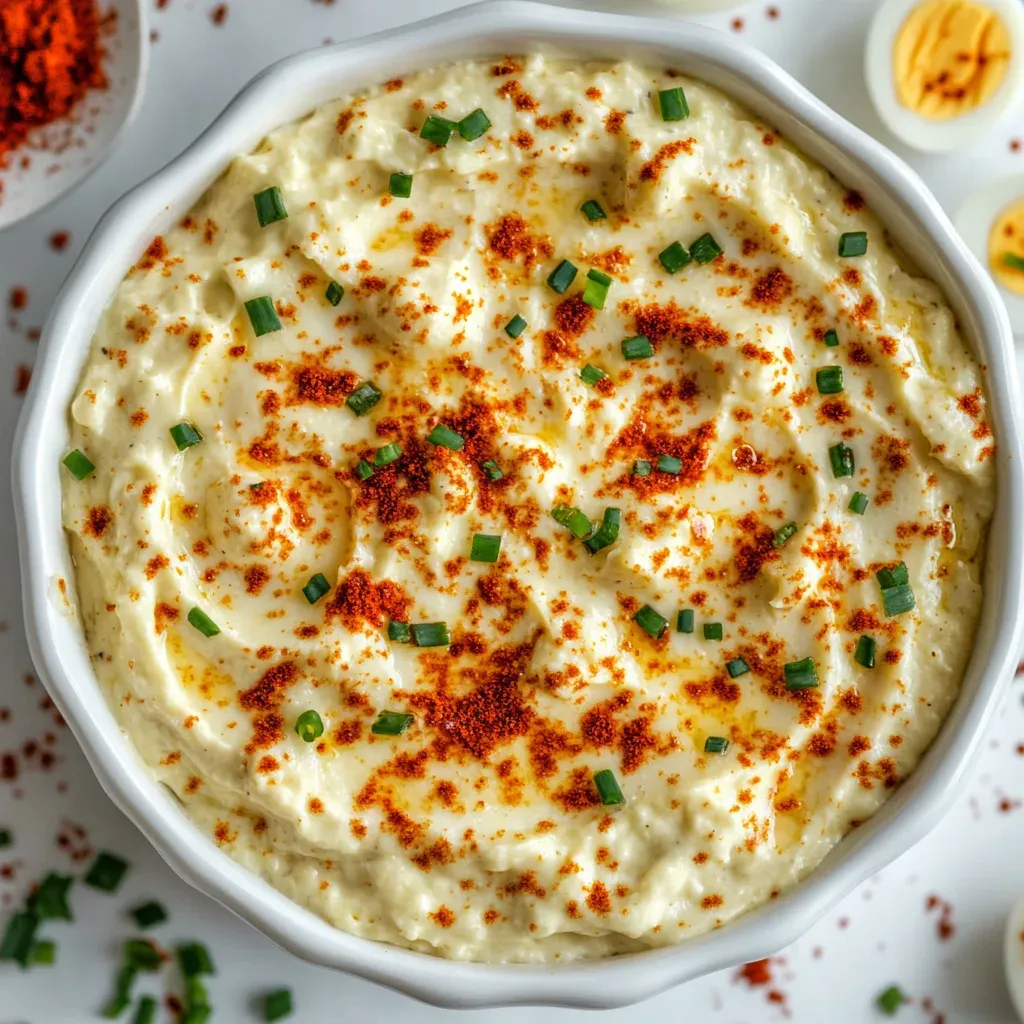 Overhead view of deviled egg dip in a round white dish, dusted with smoked paprika and chopped chives, with halved hard-boiled eggs around it