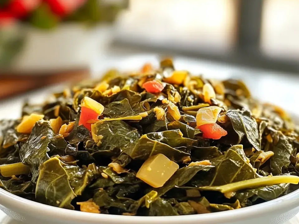 A bowl of dark braised collard greens with red and yellow pepper pieces and visible chili, glossy with pot liquor