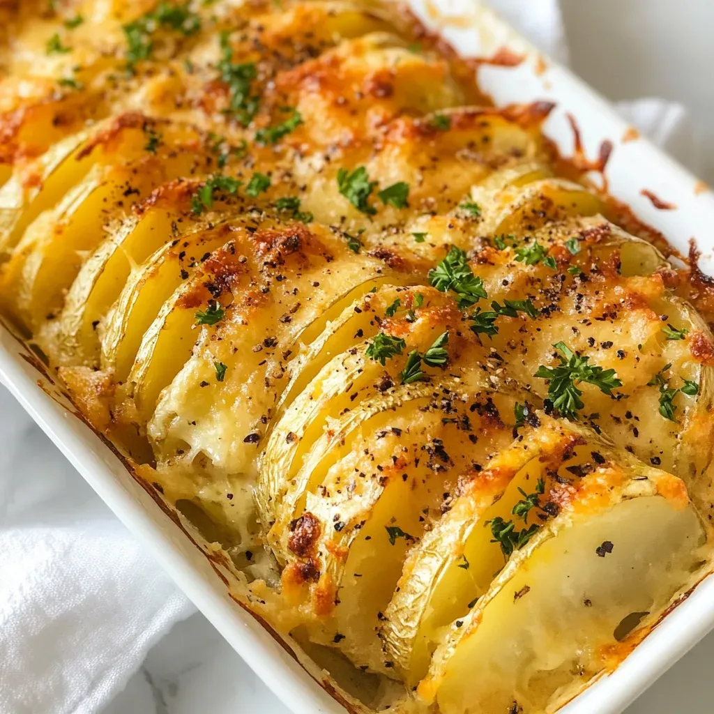 Hasselback-sliced potatoes in a white baking dish, baked with melted cheese and sprinkled with herbs and black pepper