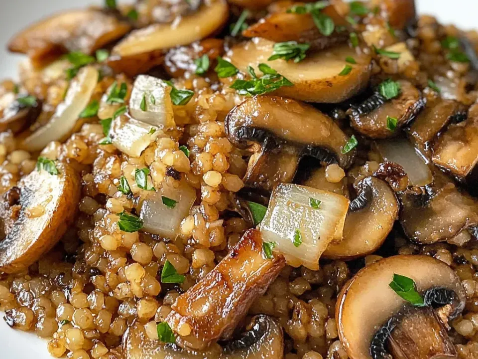 A plate of small round toasted grains mixed with sliced browned mushrooms, chunks of pale translucent onion and chopped parsley