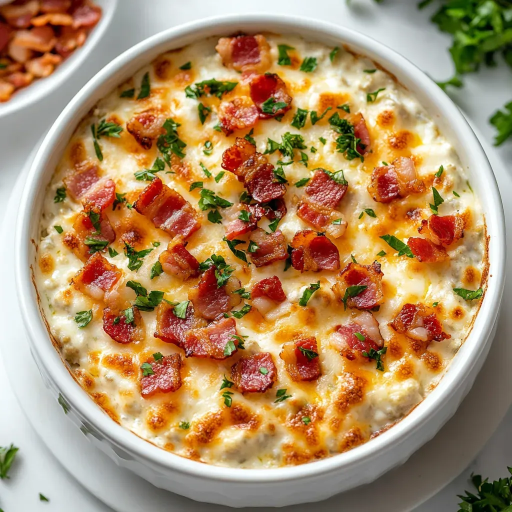 Warm cheesy cottage cheese dip in a round white baking dish, topped with crumbled bacon and chopped chives