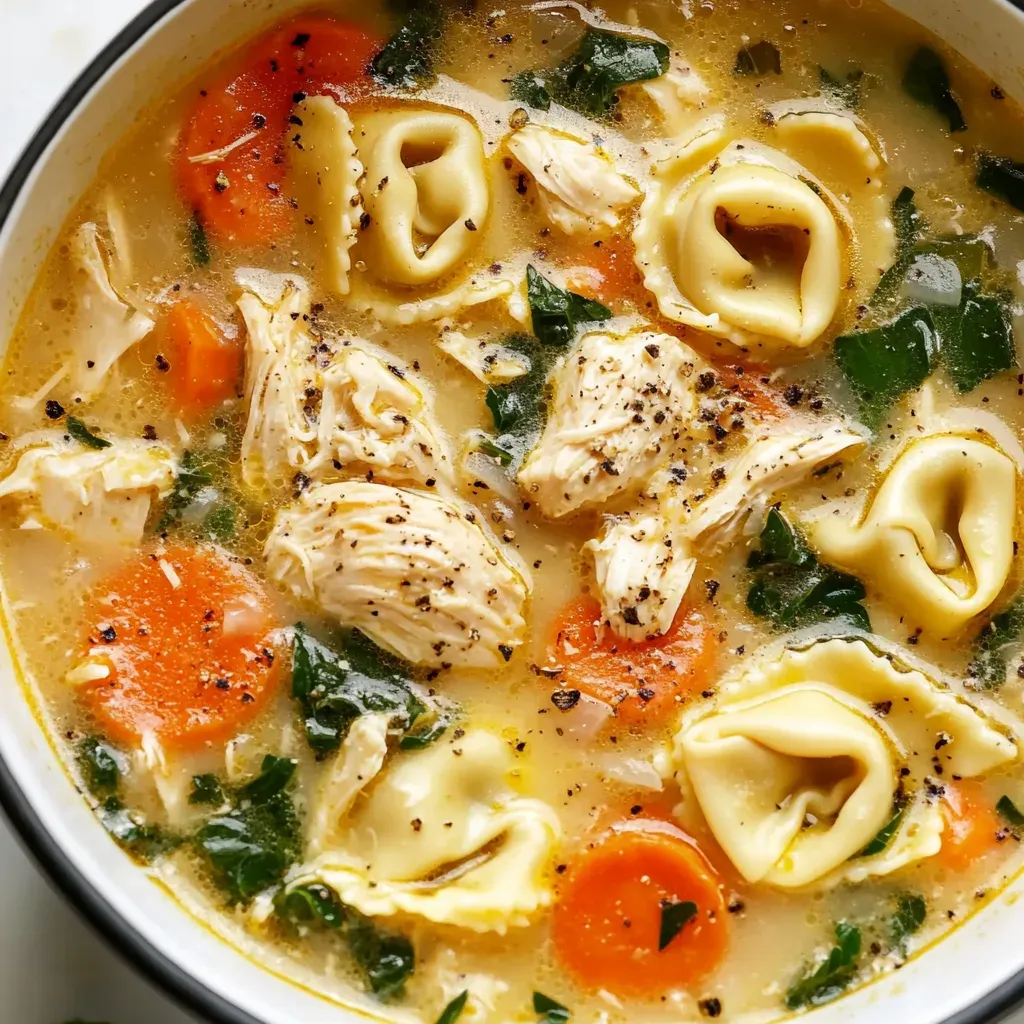 Overhead view of chicken tortellini soup with cheese tortellini, shredded chicken, sliced carrots and spinach, finished with cracked black pepper