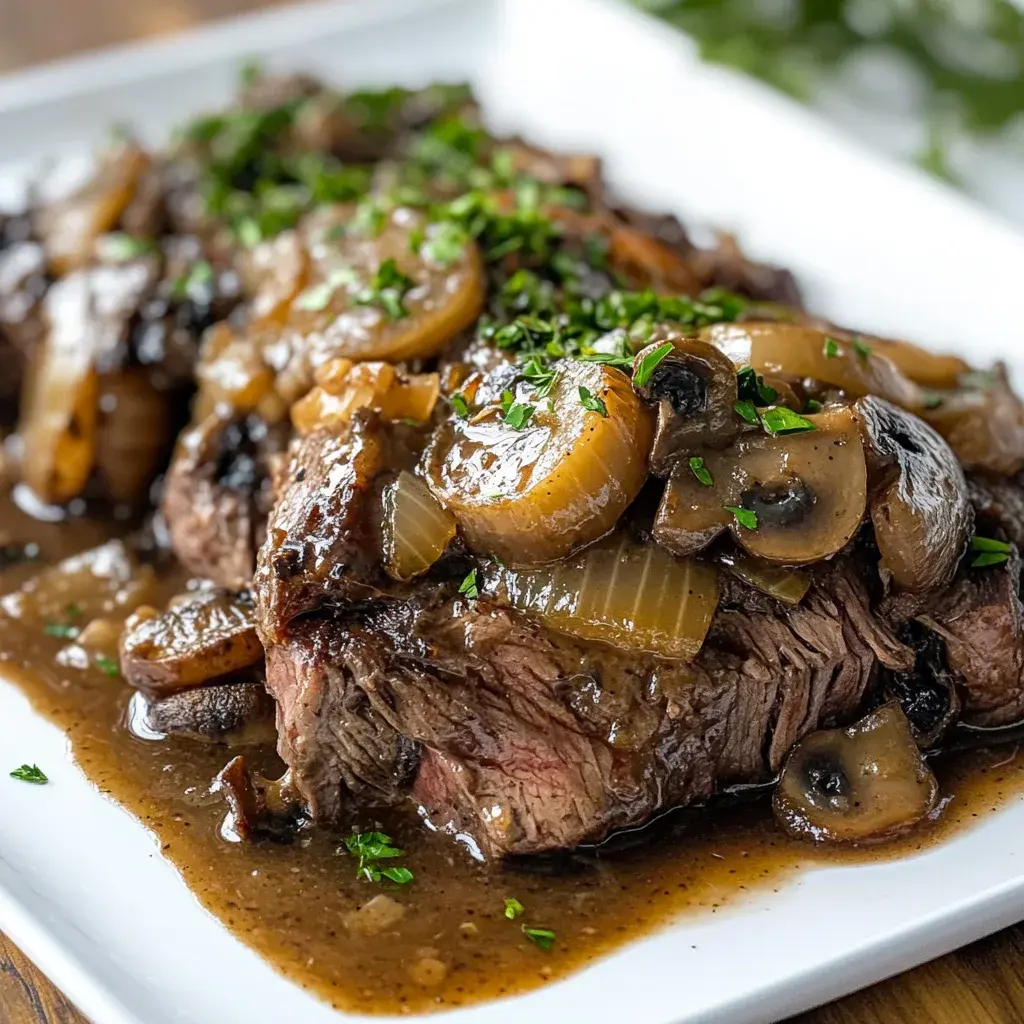 Slow Cooker Mushroom Roast Beef with Onion Gravy