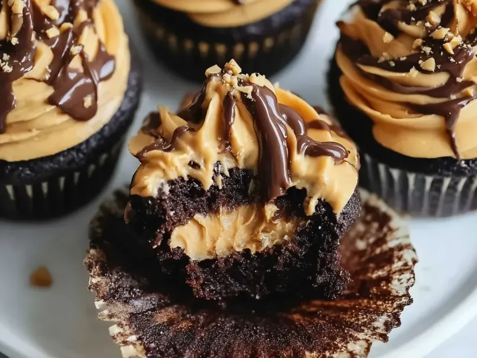 Dark chocolate cupcakes in paper cases topped with swirled peanut butter frosting, chocolate drizzle and chopped peanuts, one cut to show a peanut butter centre