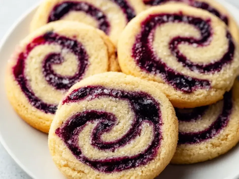 Round pale sugar cookies each with a dark purple-blue fruit spiral swirled through the surface