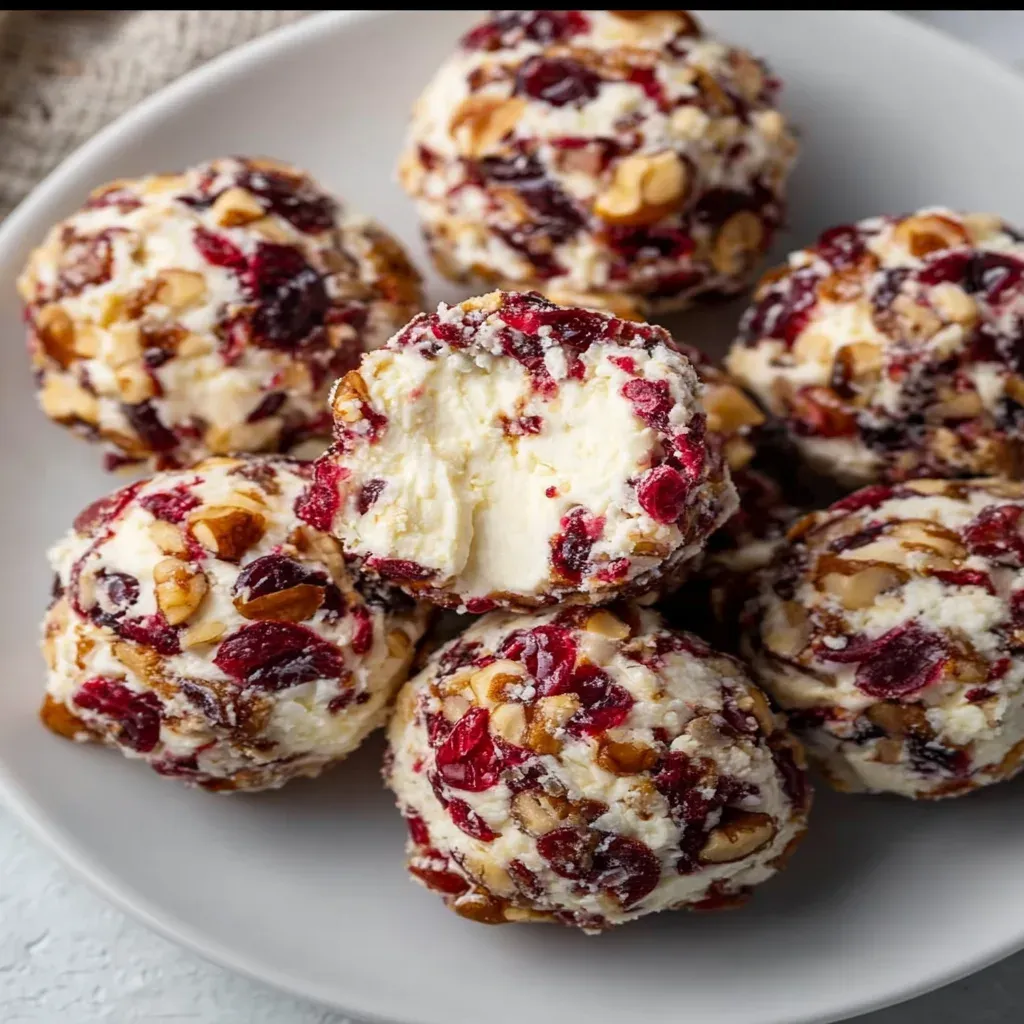 Overhead view of small cheese balls coated in chopped dried cranberries and pecans on a white plate, one cut open to show the creamy centre