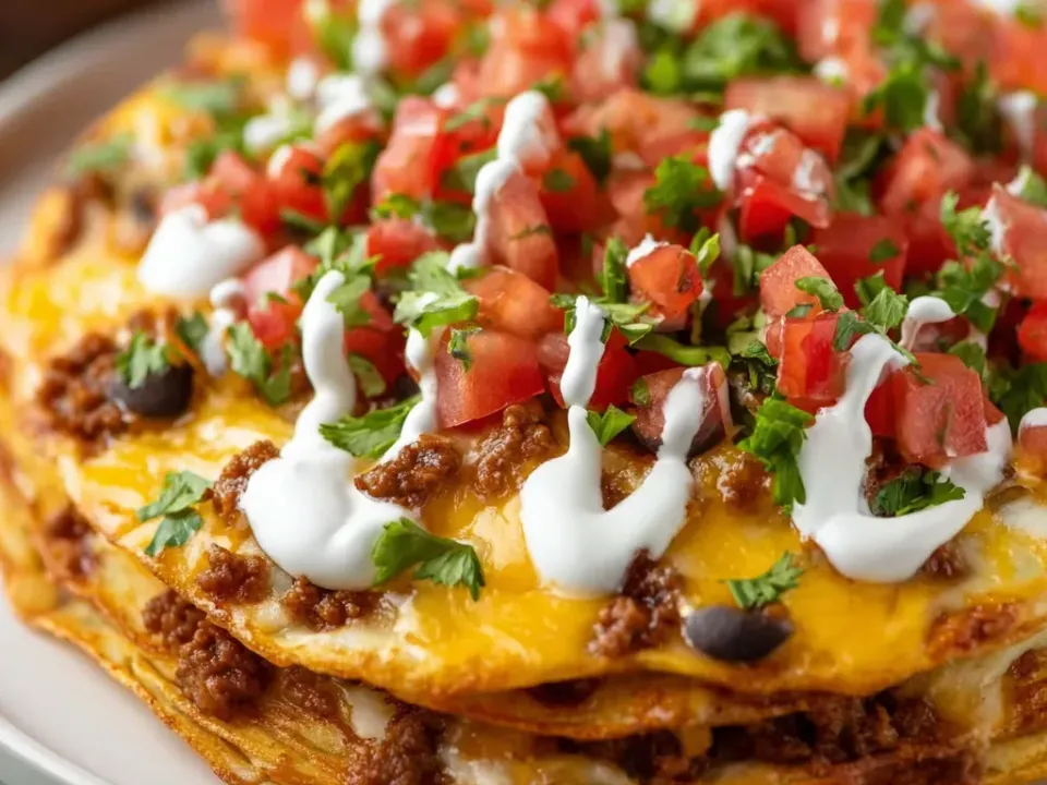 A stacked round of two crisp tortillas with seasoned ground beef and beans between them, melted cheese on top, diced tomato, black beans, sour cream drizzle and cilantro