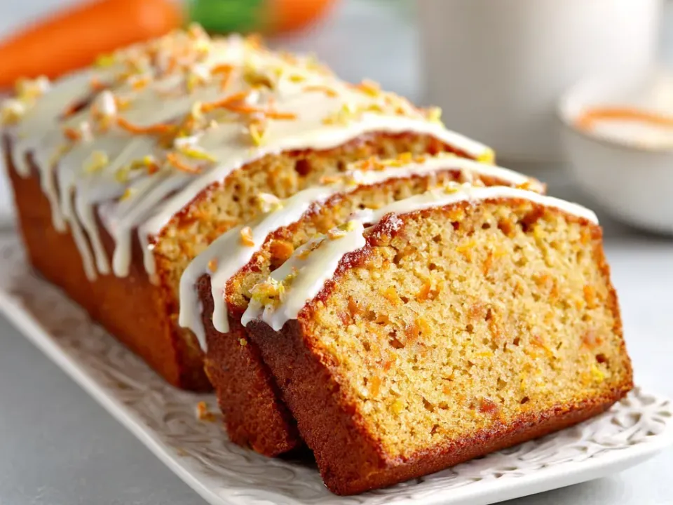 Slices of a moist carrot-flecked loaf with a white glaze drizzle and shredded carrot on top, fresh carrots behind