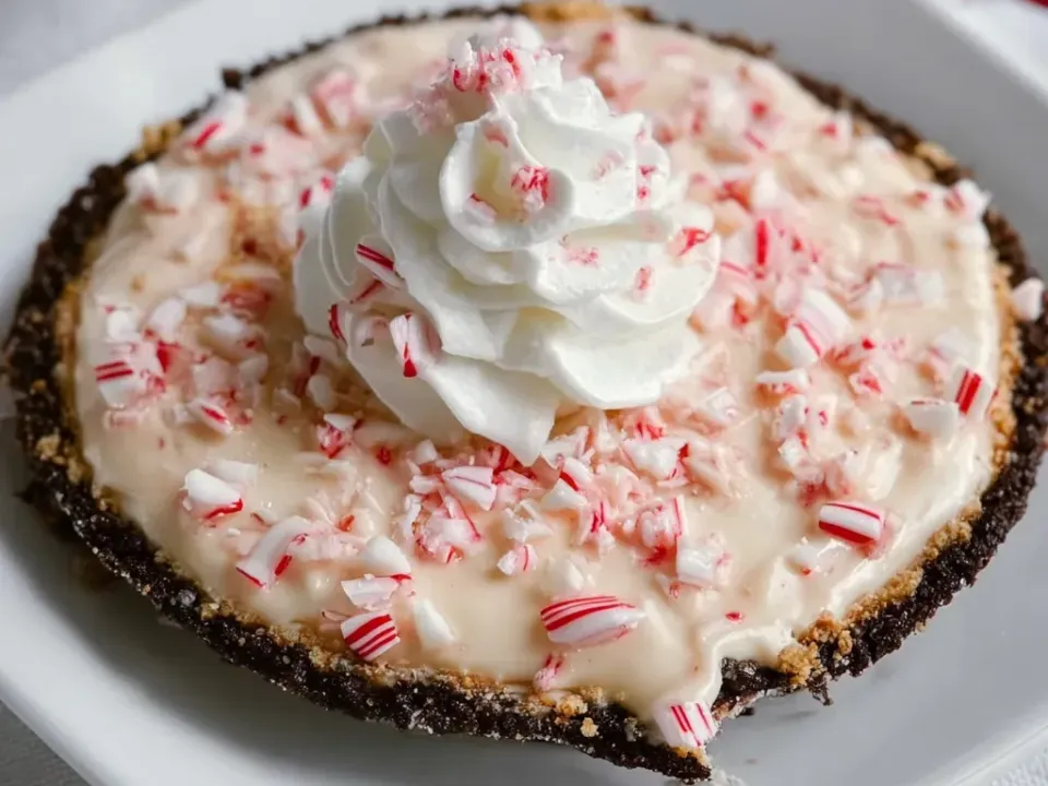 A round pie in a dark chocolate-cookie crust with a pale pink-white filling covered in crushed candy cane, a swirl of whipped cream in the centre